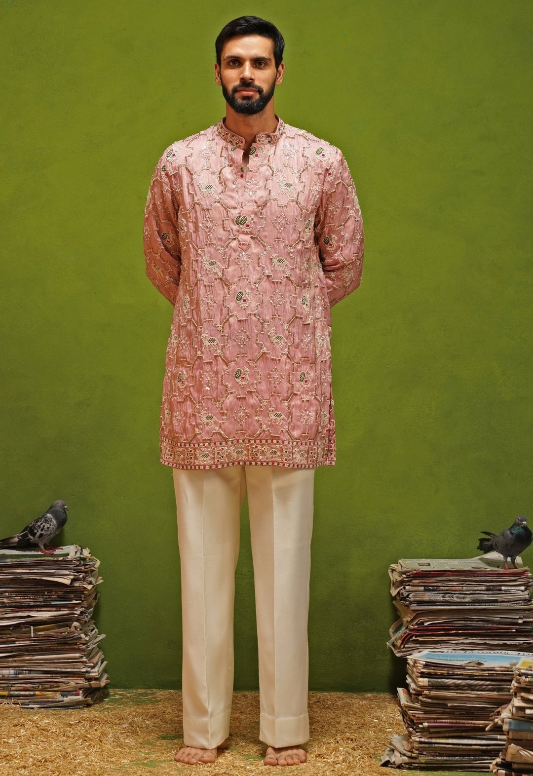 Kalpraag Pink Tissue Silk Short Kurta Pants SetFabilicious Fashion