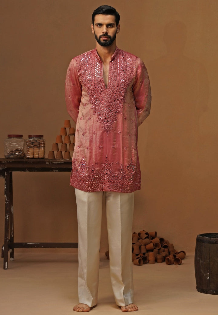 Kalpraag Pink Tissue Silk Short Kurta SetFabilicious Fashion