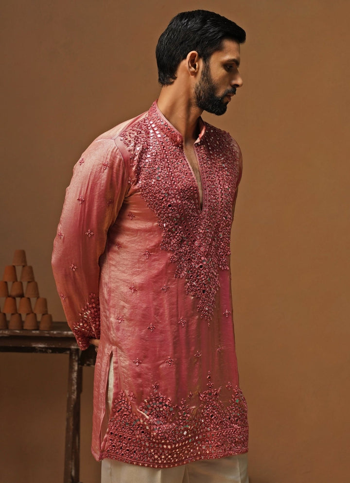 Kalpraag Pink Tissue Silk Short Kurta SetFabilicious Fashion