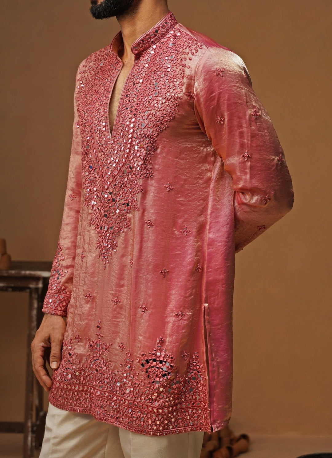 Kalpraag Pink Tissue Silk Short Kurta SetFabilicious Fashion