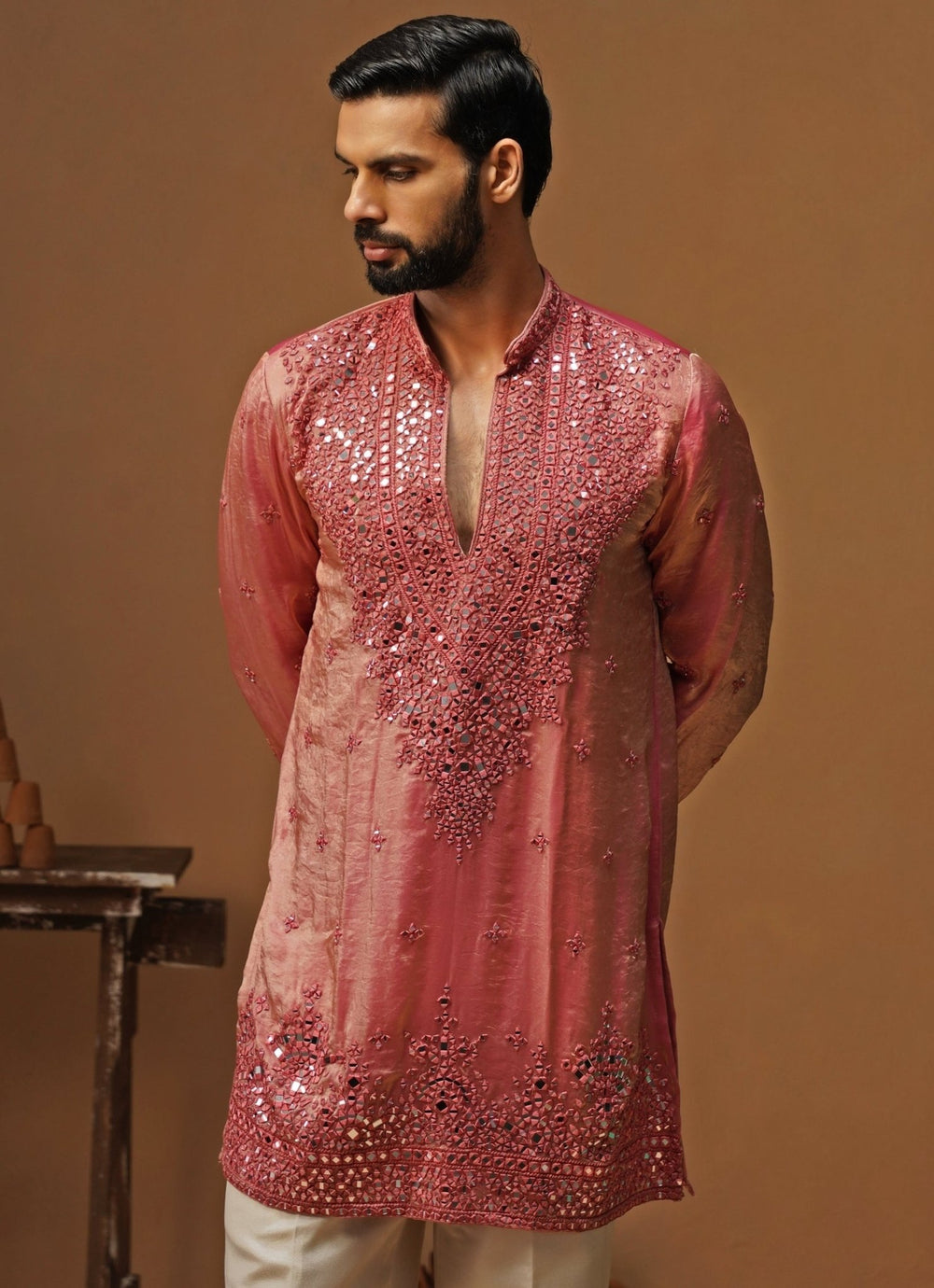 Kalpraag Pink Tissue Silk Short Kurta SetFabilicious Fashion