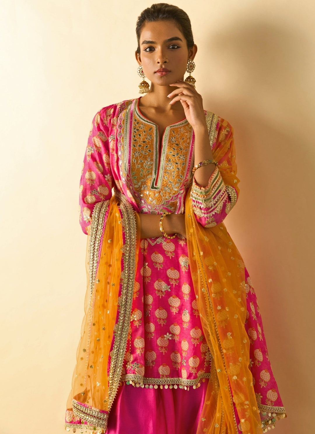 Gopi Vaid Pink Tussar Farshi Salwar Kurta Set With Orange DupattaFabilicious Fashion
