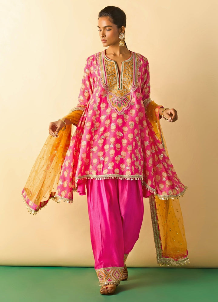 Gopi Vaid Pink Tussar Farshi Salwar Kurta Set With Orange DupattaFabilicious Fashion