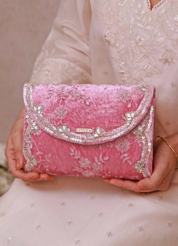 Pink Velvet Embroidered Clutch