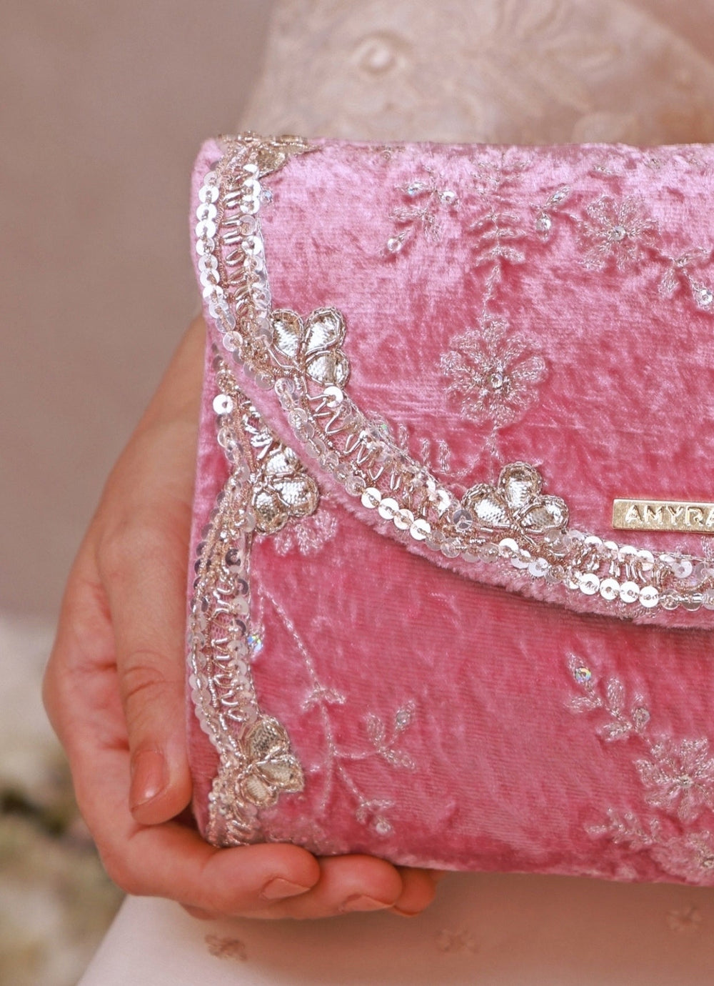 Pink Velvet Embroidered Clutch Amyra - Fabilicious Fashion