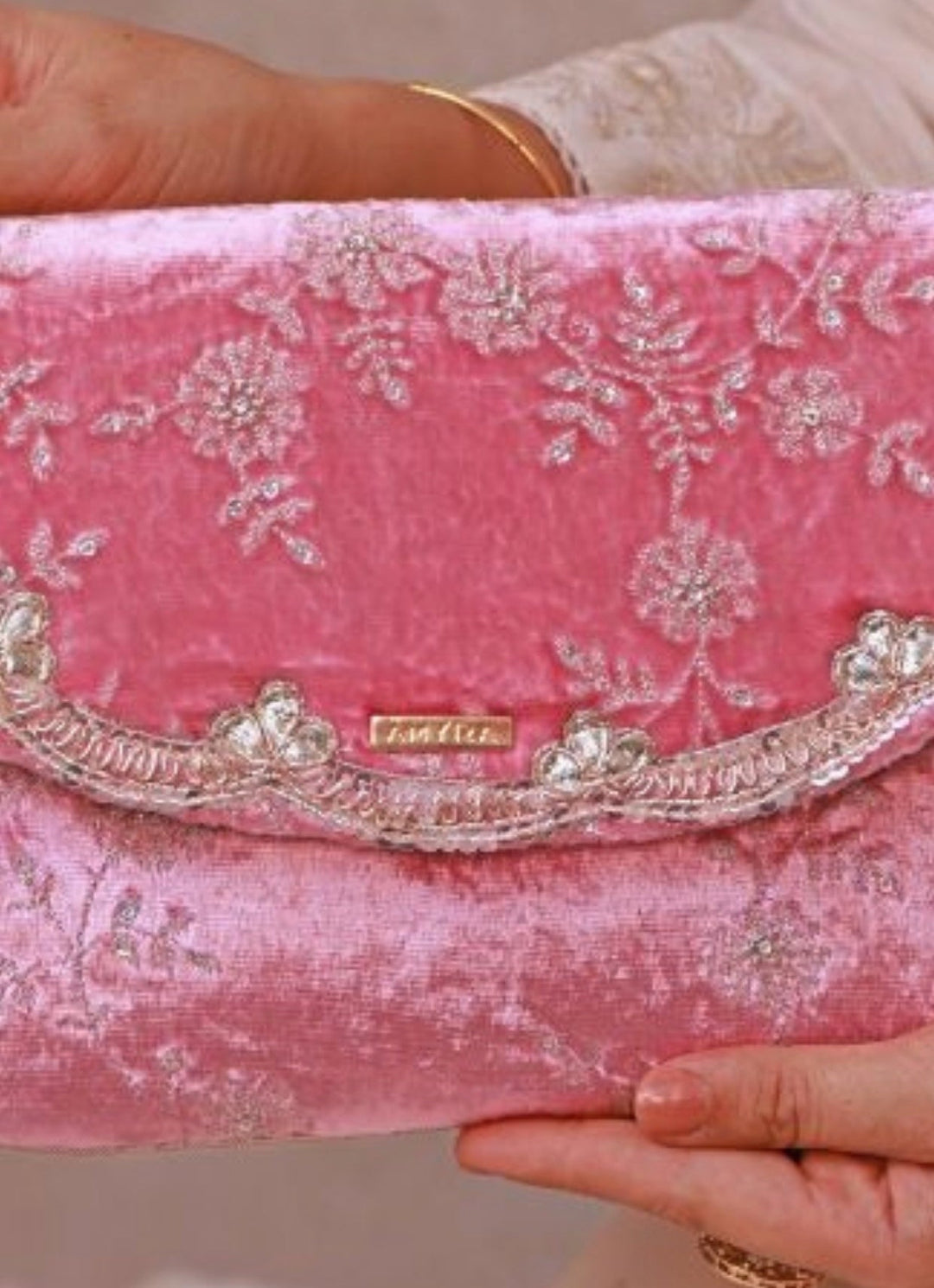 Pink Velvet Embroidered Envelope Bag Amyra - Fabilicious Fashion
