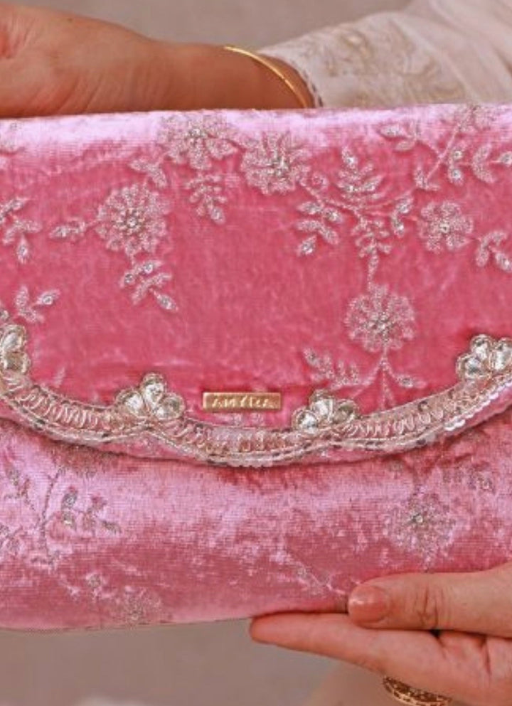 Pink Velvet Embroidered Envelope Bag Amyra - Fabilicious Fashion