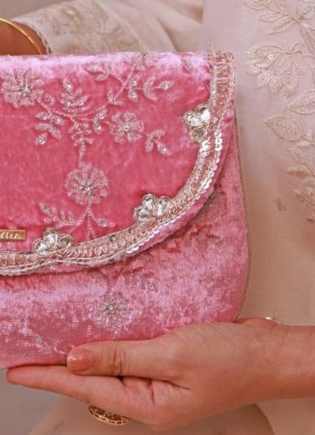 Pink Velvet Embroidered Envelope Bag Amyra - Fabilicious Fashion