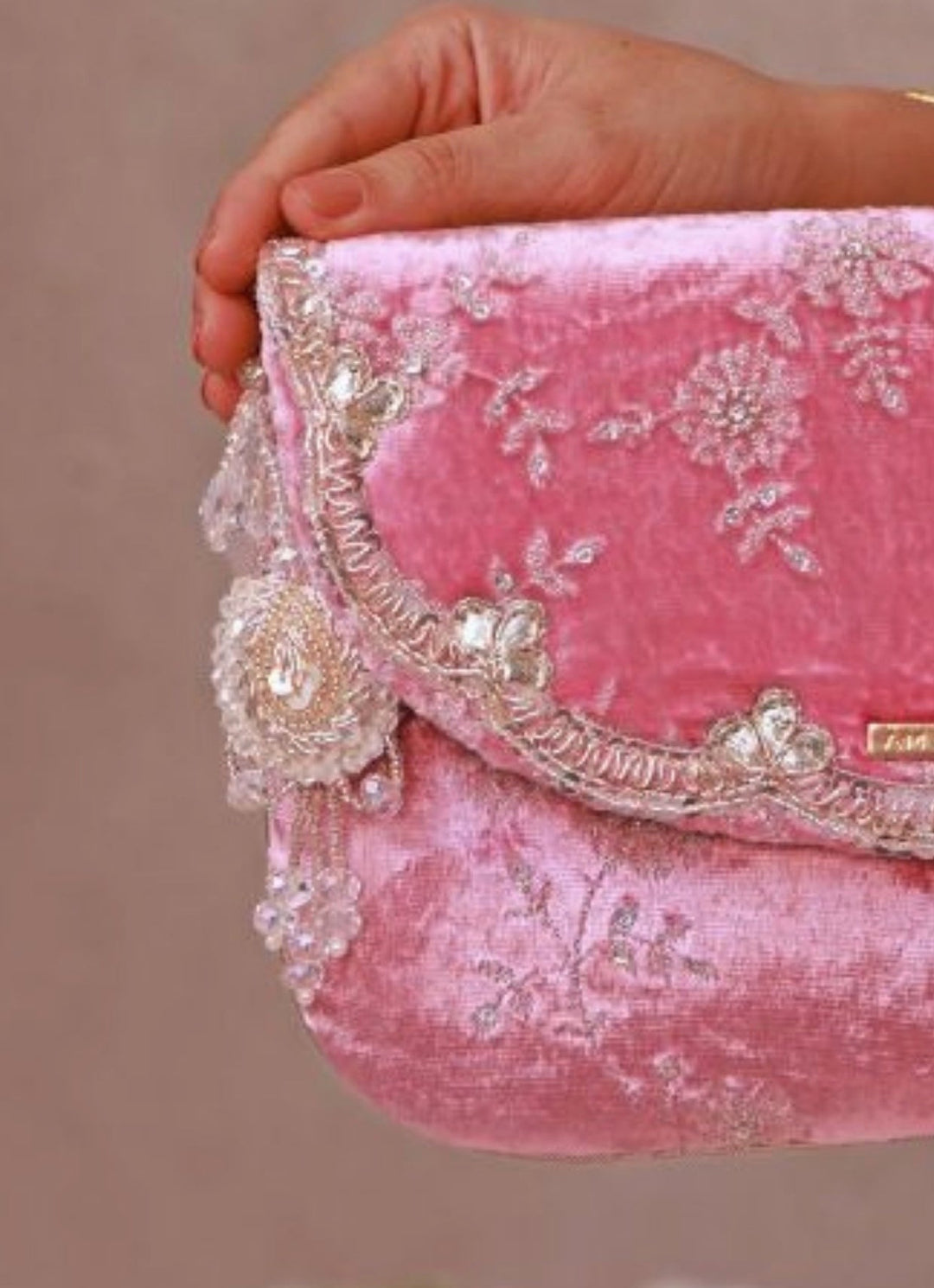 Pink Velvet Embroidered Envelope Bag Amyra - Fabilicious Fashion