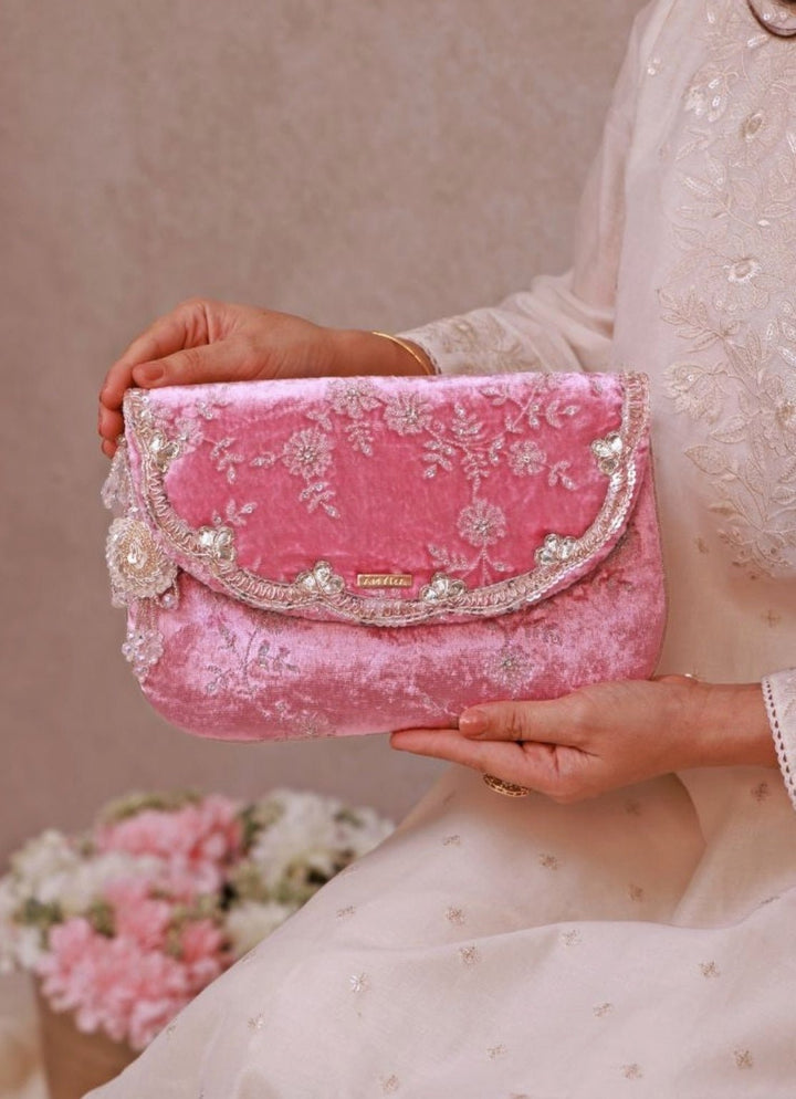 Pink Velvet Embroidered Envelope Bag Amyra - Fabilicious Fashion