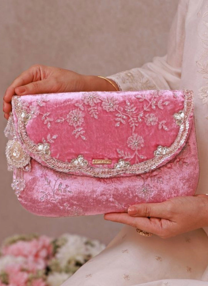 Pink Velvet Embroidered Envelope Bag Amyra - Fabilicious Fashion