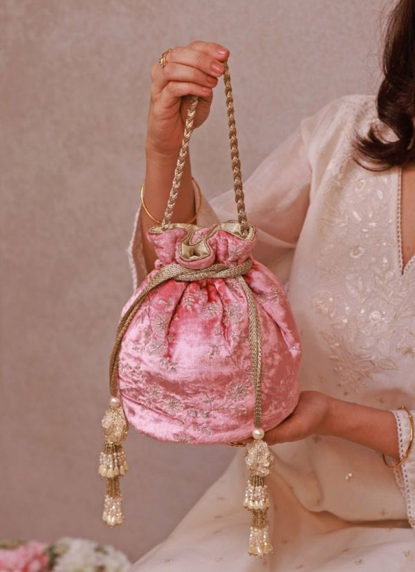 Pink Velvet Embroidered Potli