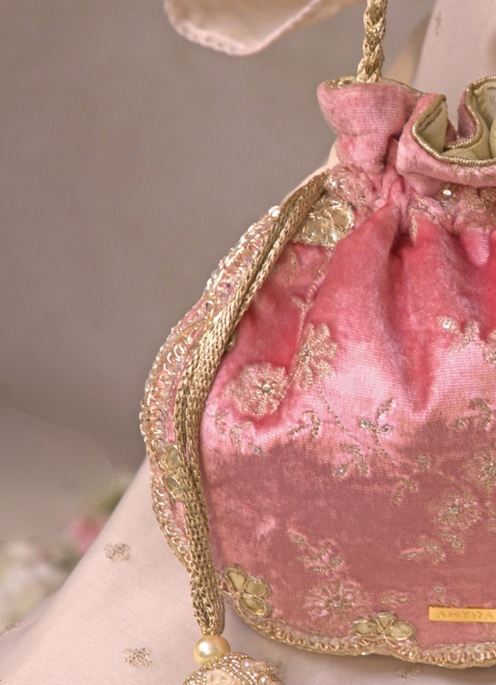 Amyra Pink Velvet Scallop Embroidered PotliFabilicious Fashion