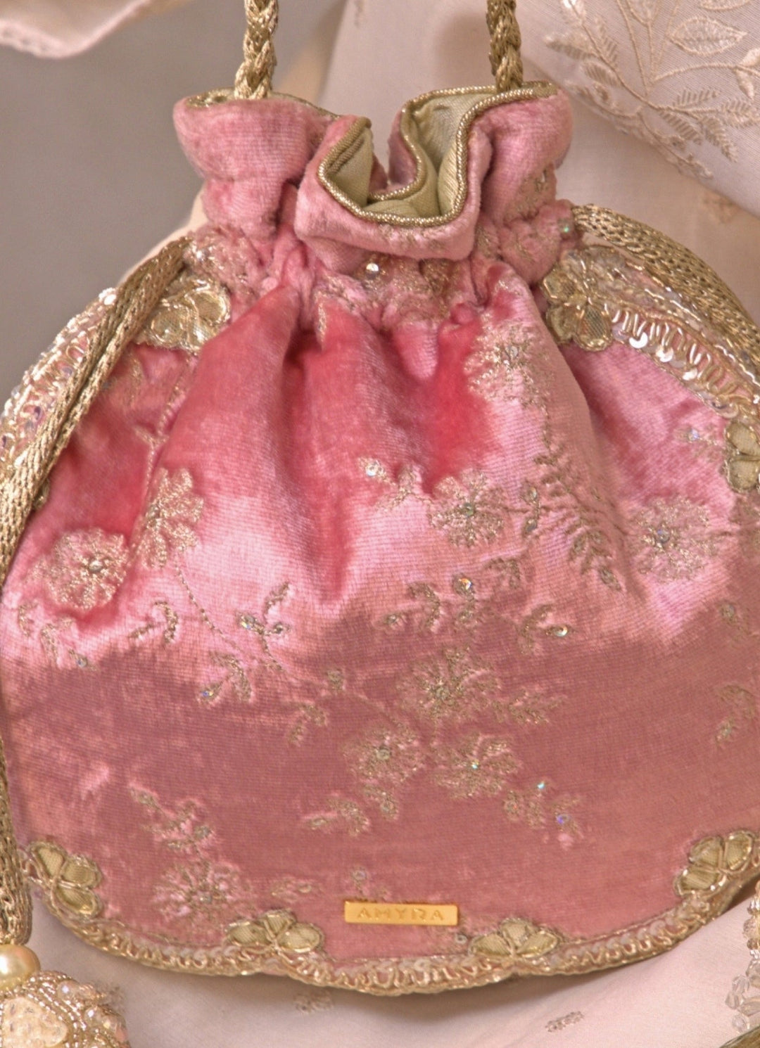 Amyra Pink Velvet Scallop Embroidered PotliFabilicious Fashion