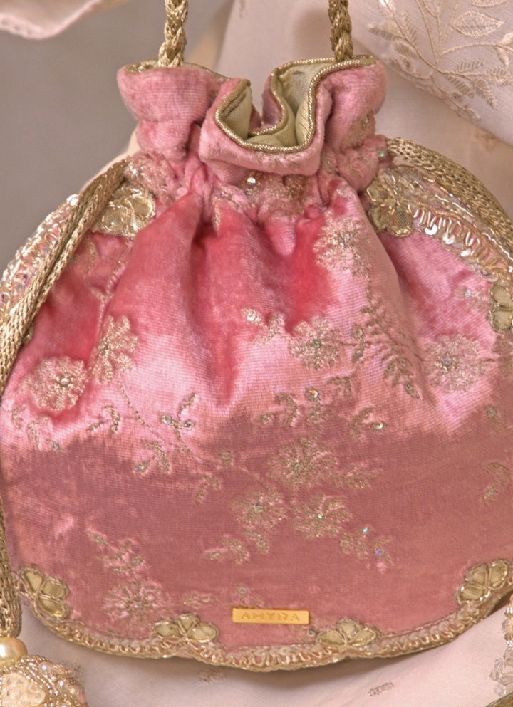 Amyra Pink Velvet Scallop Embroidered PotliFabilicious Fashion
