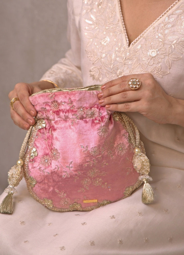 Amyra Pink Velvet Scallop Embroidered PotliFabilicious Fashion