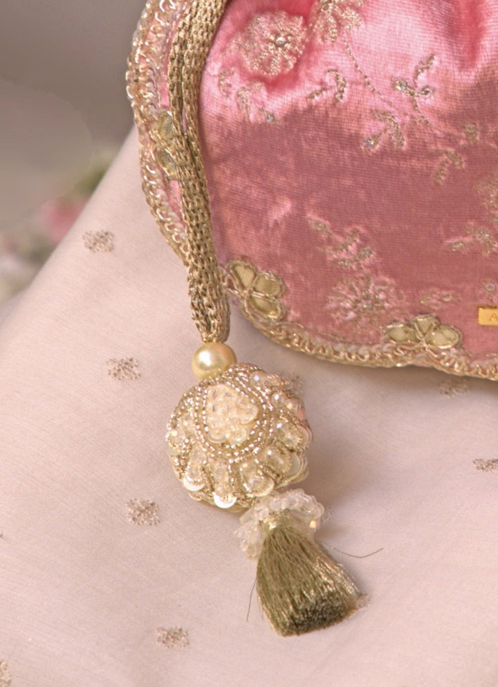 Amyra Pink Velvet Scallop Embroidered PotliFabilicious Fashion