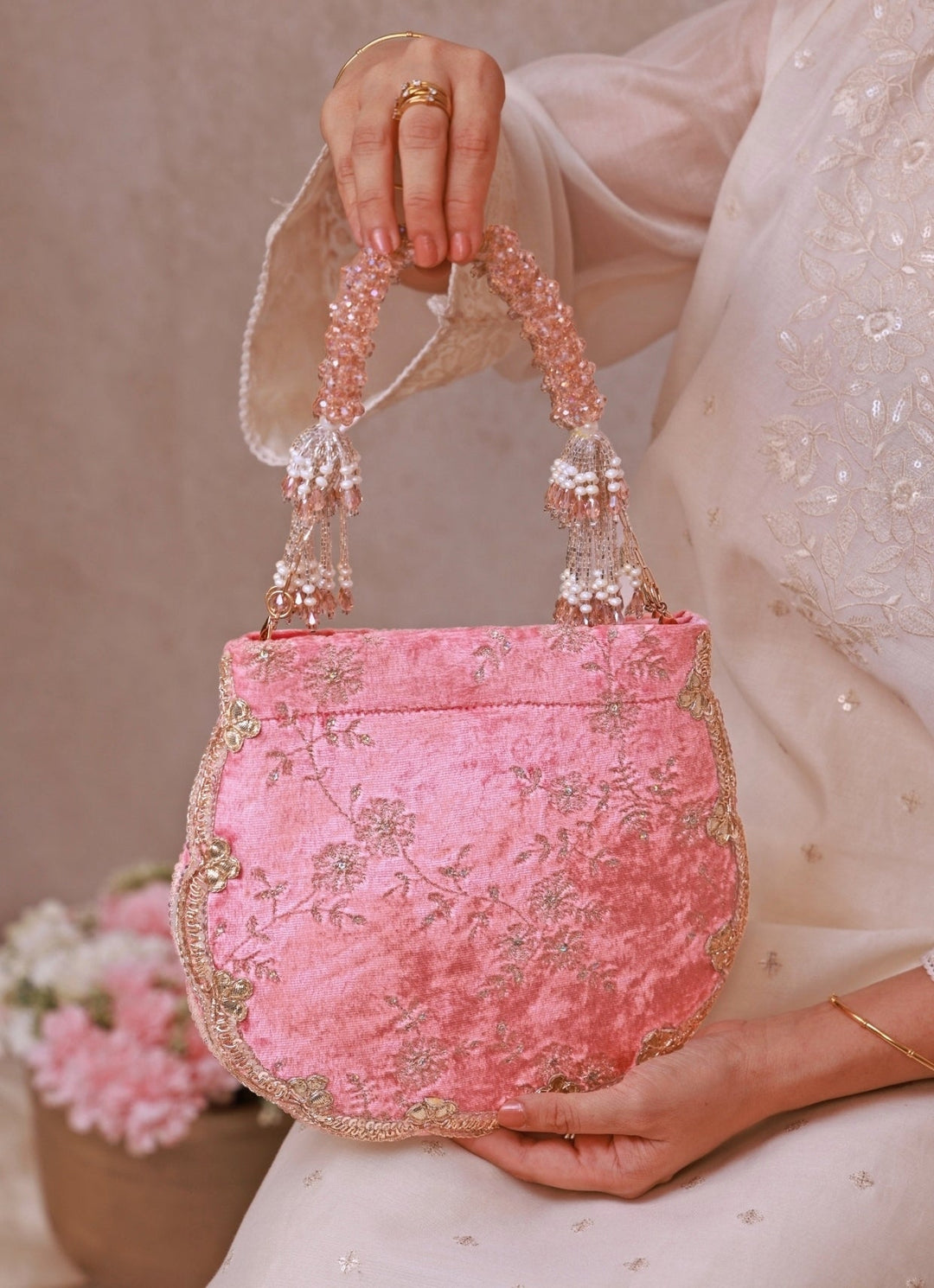 Pink Velvet Scallop Embroidered Purse Amyra - Fabilicious Fashion