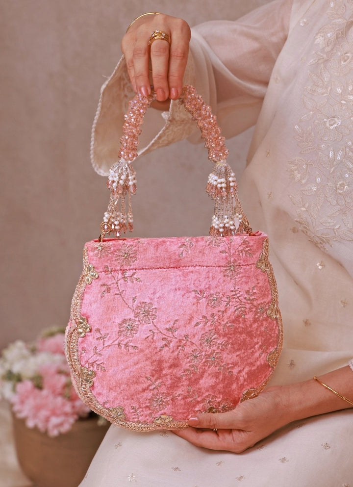 Amyra Pink Velvet Scallop Embroidered PurseFabilicious Fashion