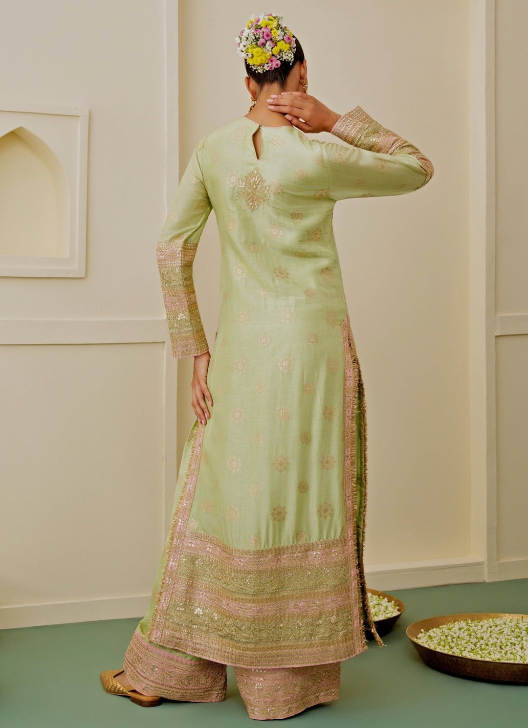 Gopi Vaid Pista Green Brocade Kurta Palazzo SetFabilicious Fashion