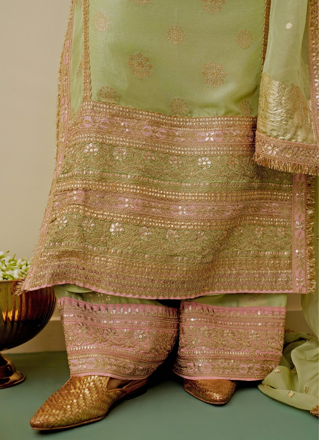 Gopi Vaid Pista Green Brocade Kurta Palazzo SetFabilicious Fashion