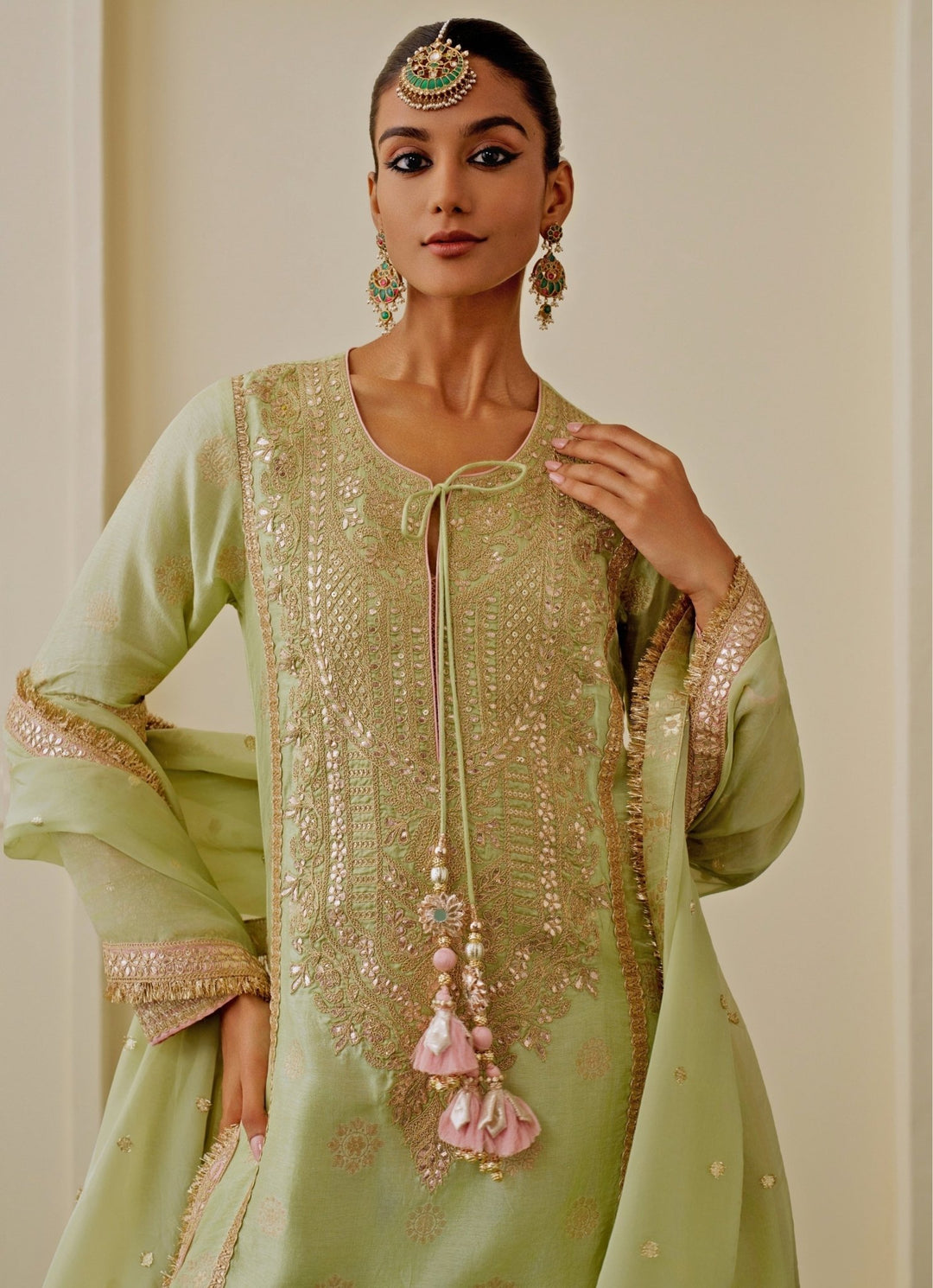 Gopi Vaid Pista Green Brocade Kurta Palazzo SetFabilicious Fashion