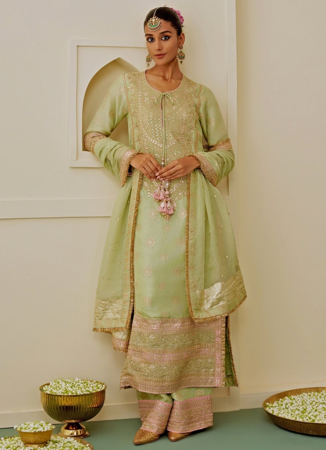 Gopi Vaid Pista Green Brocade Kurta Palazzo SetFabilicious Fashion