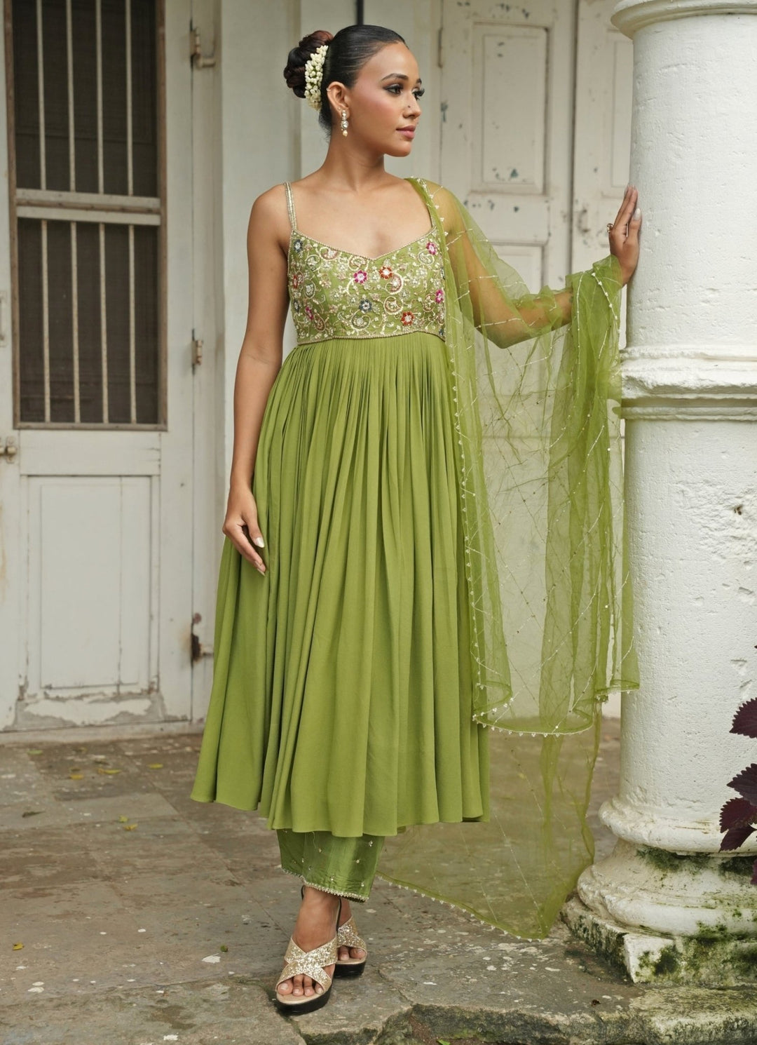 Enamour by Radha Pista Green Crepe Anarkali Set Fabilicious Fashion Enamour by Radha Pista Green Crepe Anarkali Set Fabilicious Fashion