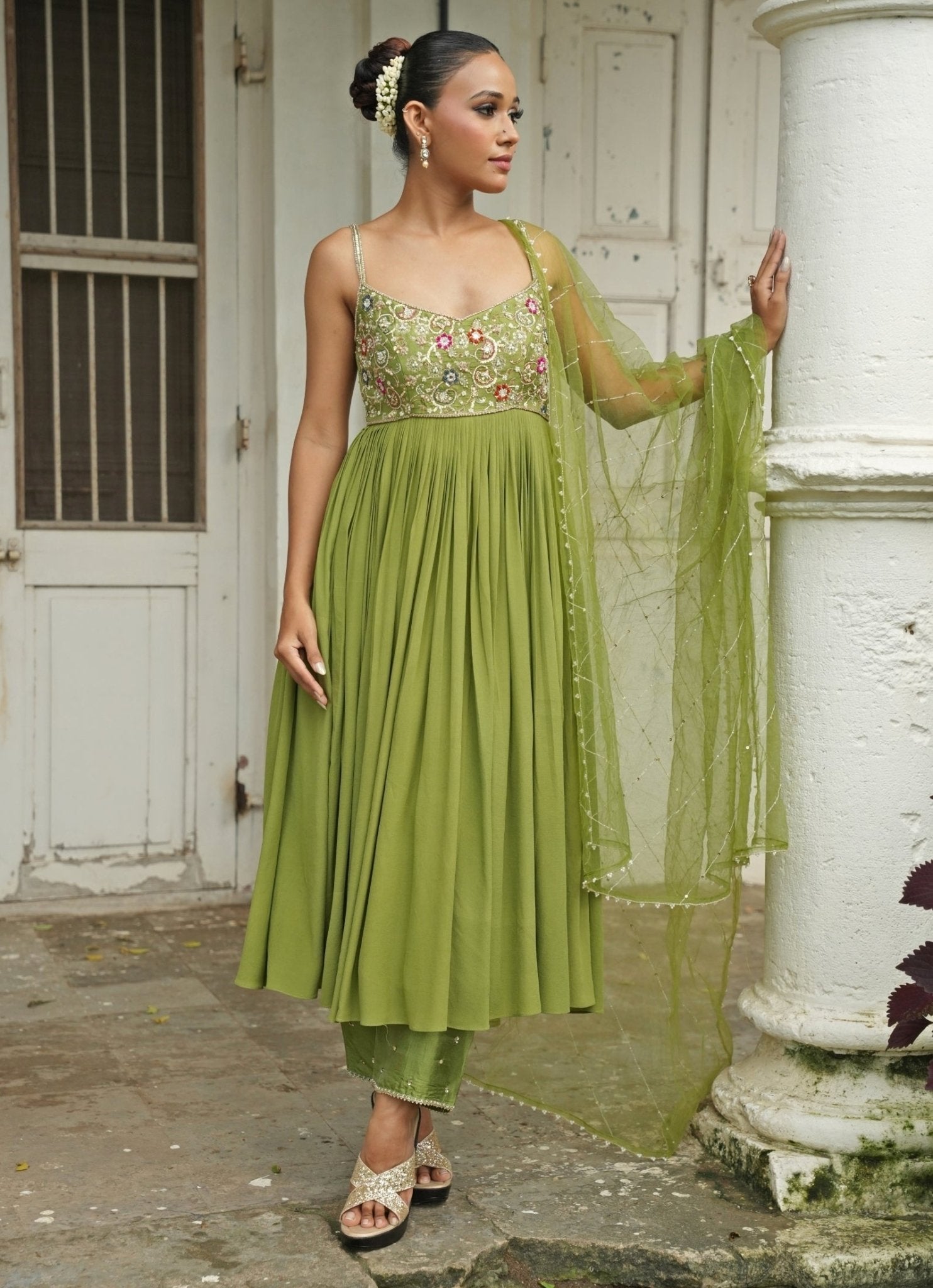 Pista green anarkali sharara set — light festive kurta sharara for mehendi