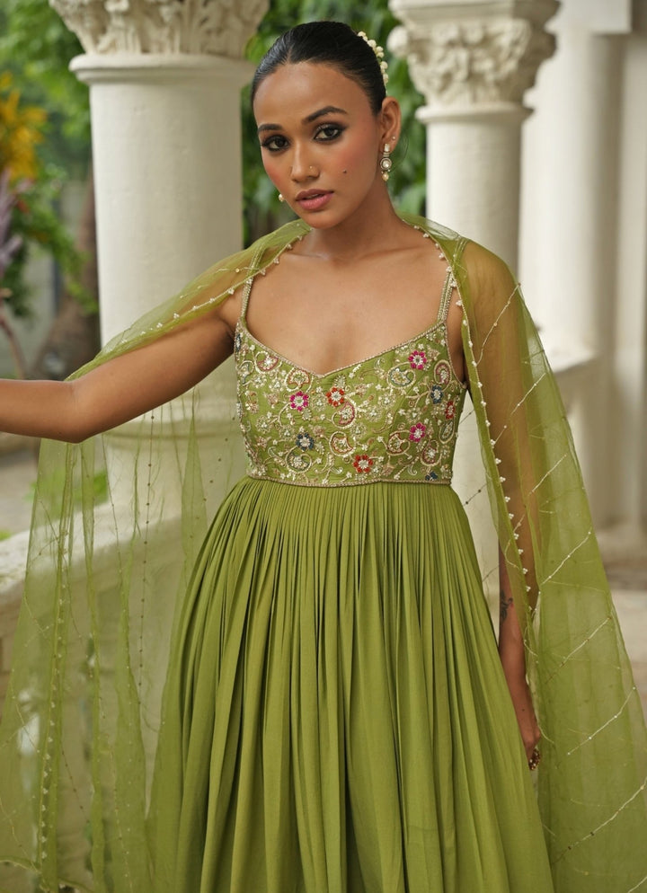 Pista Green Crepe Anarkali Set Enamour by Radha - Fabilicious Fashion