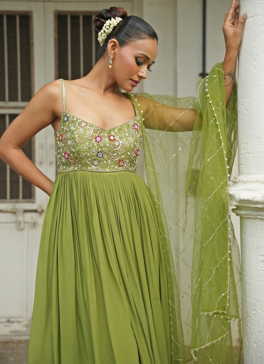 Pista Green Crepe Anarkali Set Enamour by Radha - Fabilicious Fashion