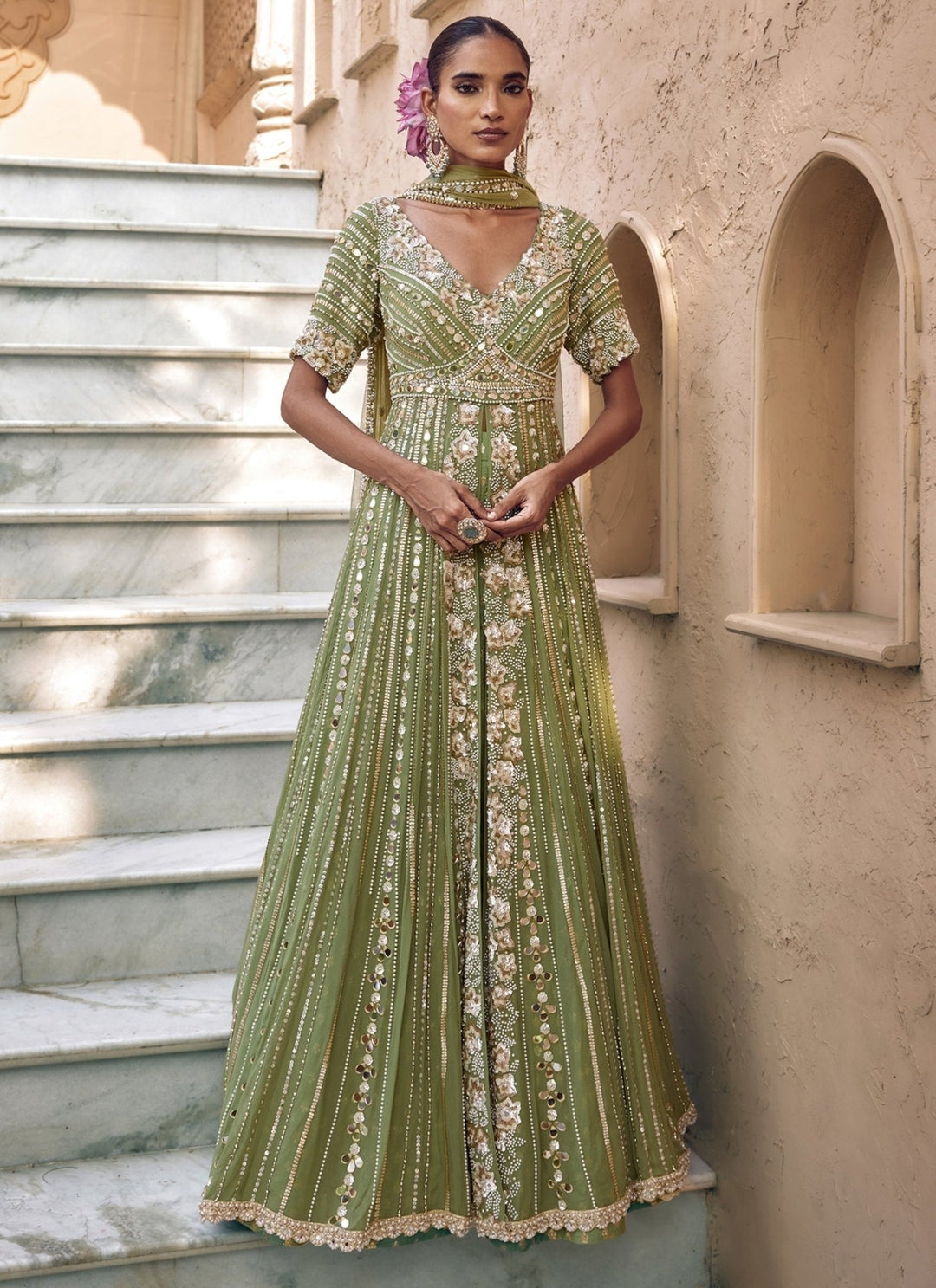 Nidhika Shekhar Pista Green Georgette Anarkali Lehenga SetFabilicious Fashion
