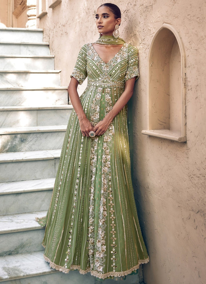 Nidhika Shekhar Pista Green Georgette Anarkali Lehenga SetFabilicious Fashion