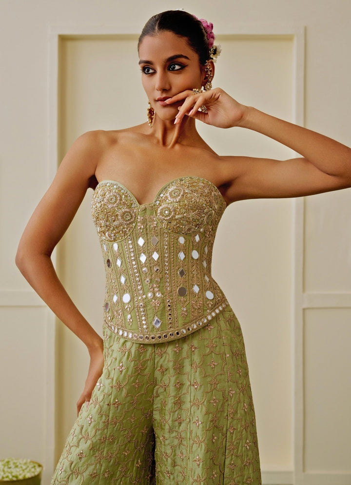 Gopi Vaid Pista Green Georgette Corset Pants SetFabilicious Fashion