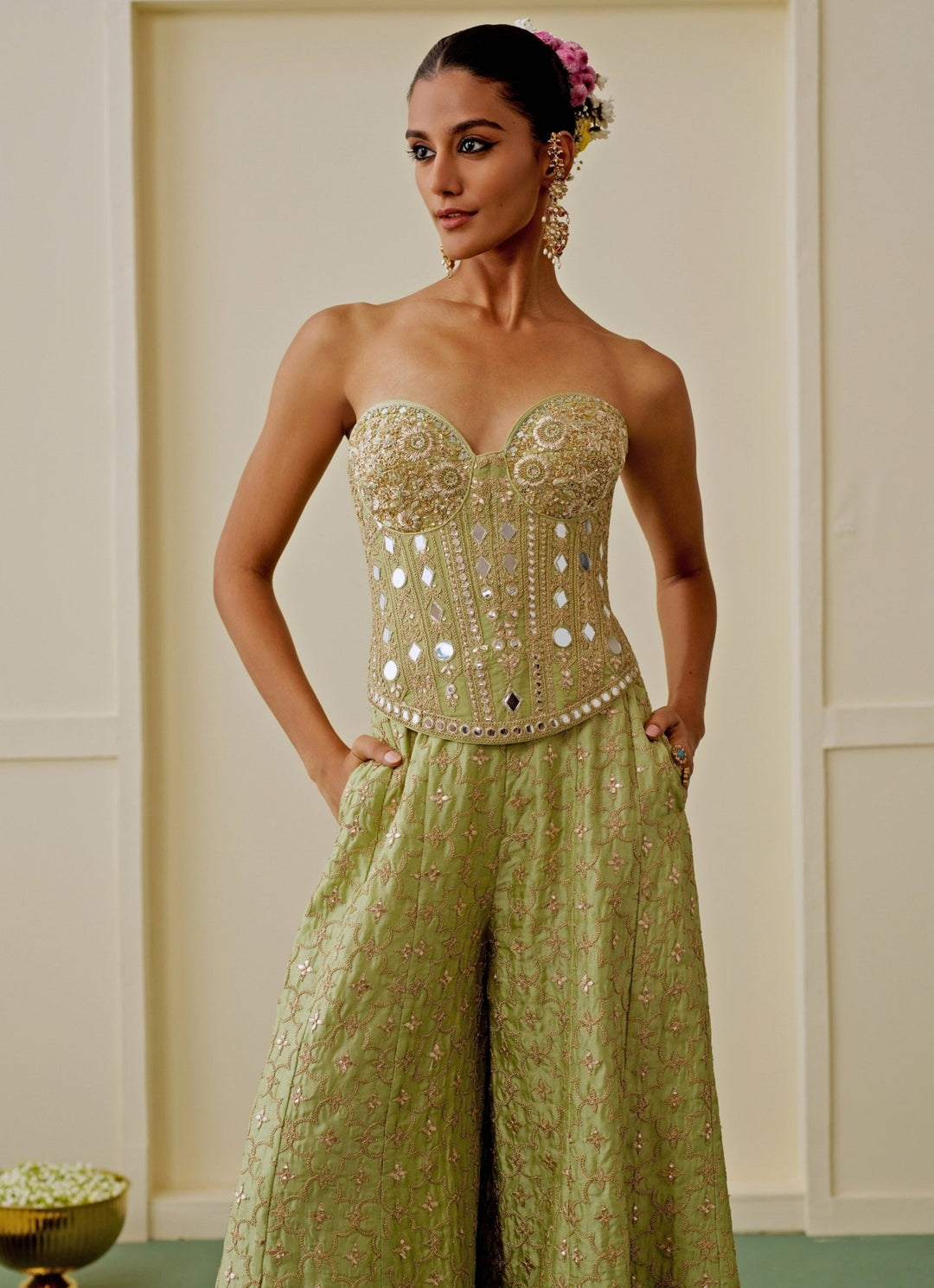 Gopi Vaid Pista Green Georgette Corset Pants SetFabilicious Fashion