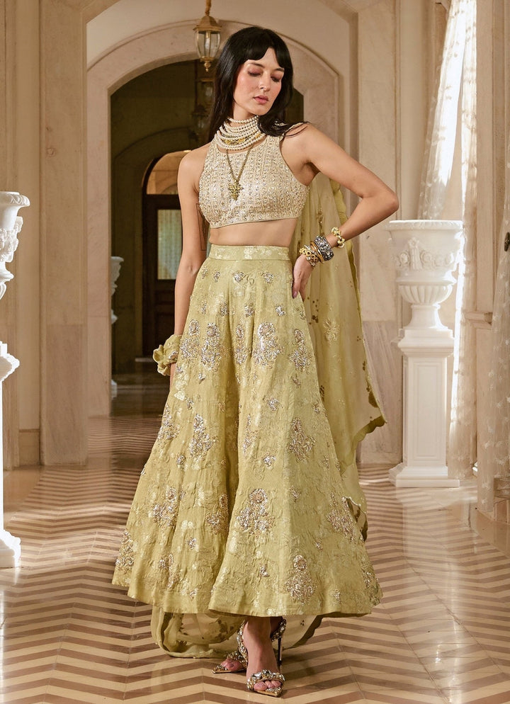 Pista Green Jacquard Lehenga Set Paulmi and Harsh - Fabilicious Fashion