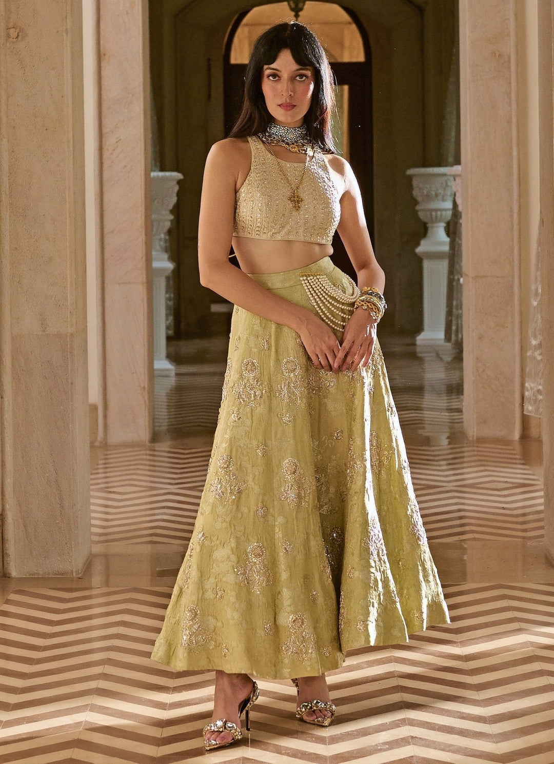 Pista Green Jacquard Lehenga Set Paulmi and Harsh - Fabilicious Fashion