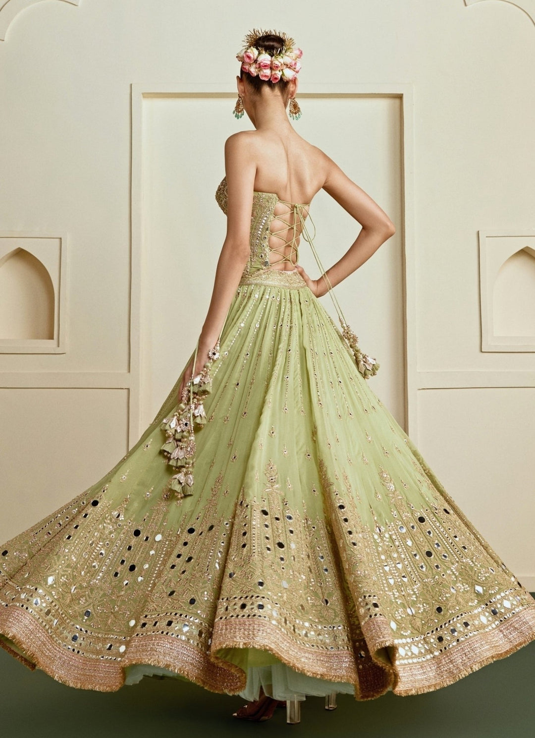 Gopi Vaid Pista Green Mirrorwork Georgette Corset Lehenga SetFabilicious Fashion