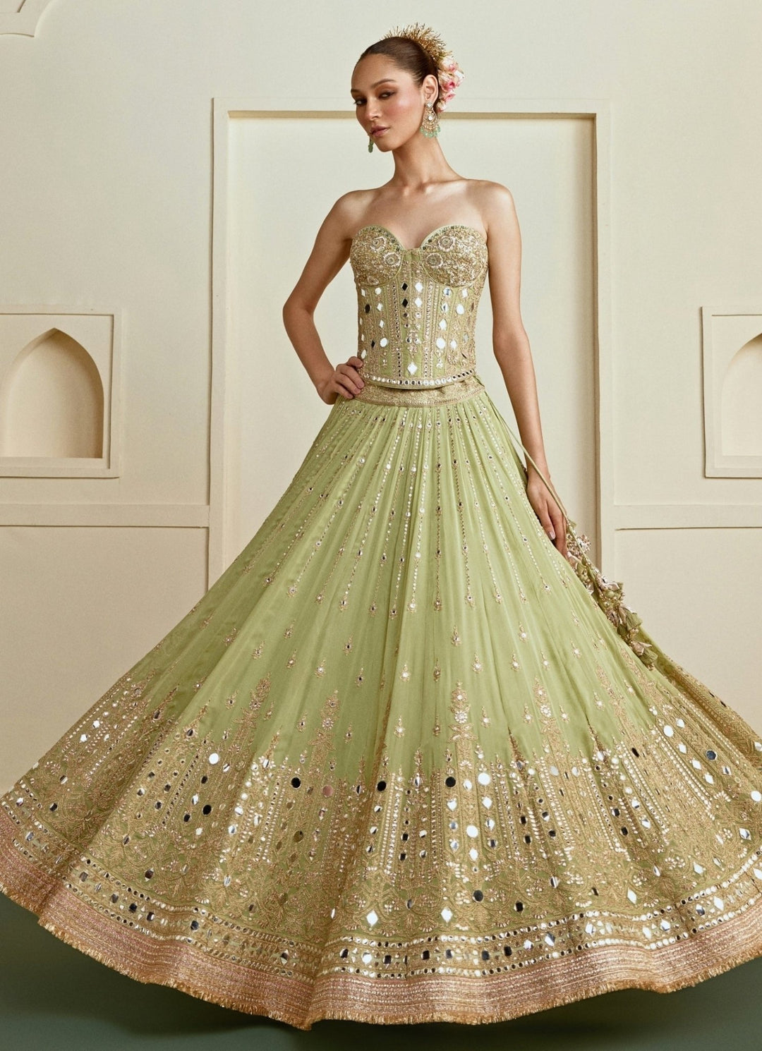 Gopi Vaid Pista Green Mirrorwork Georgette Corset Lehenga SetFabilicious Fashion