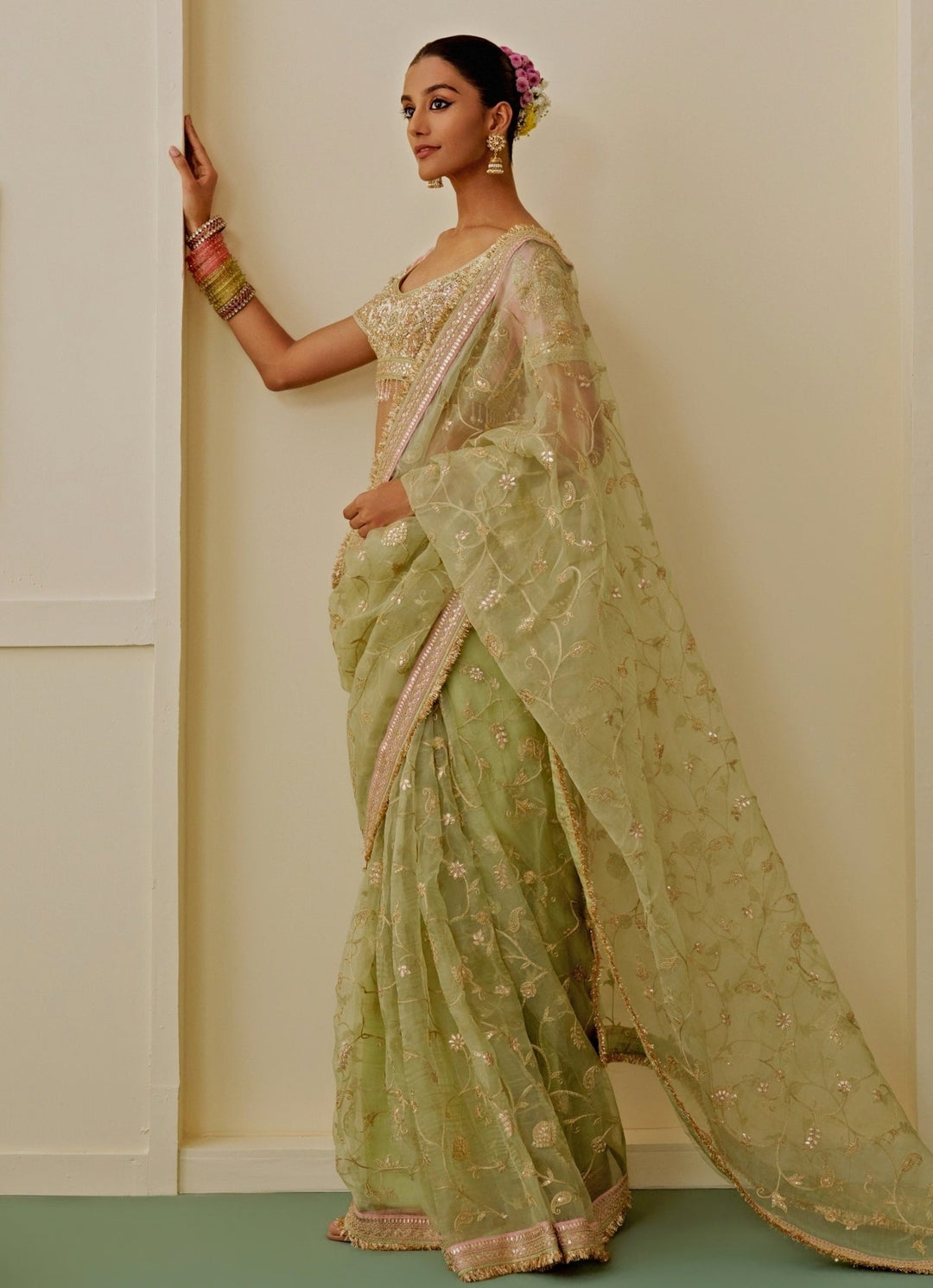 Gopi Vaid Pista Green Organza Saree SetFabilicious Fashion