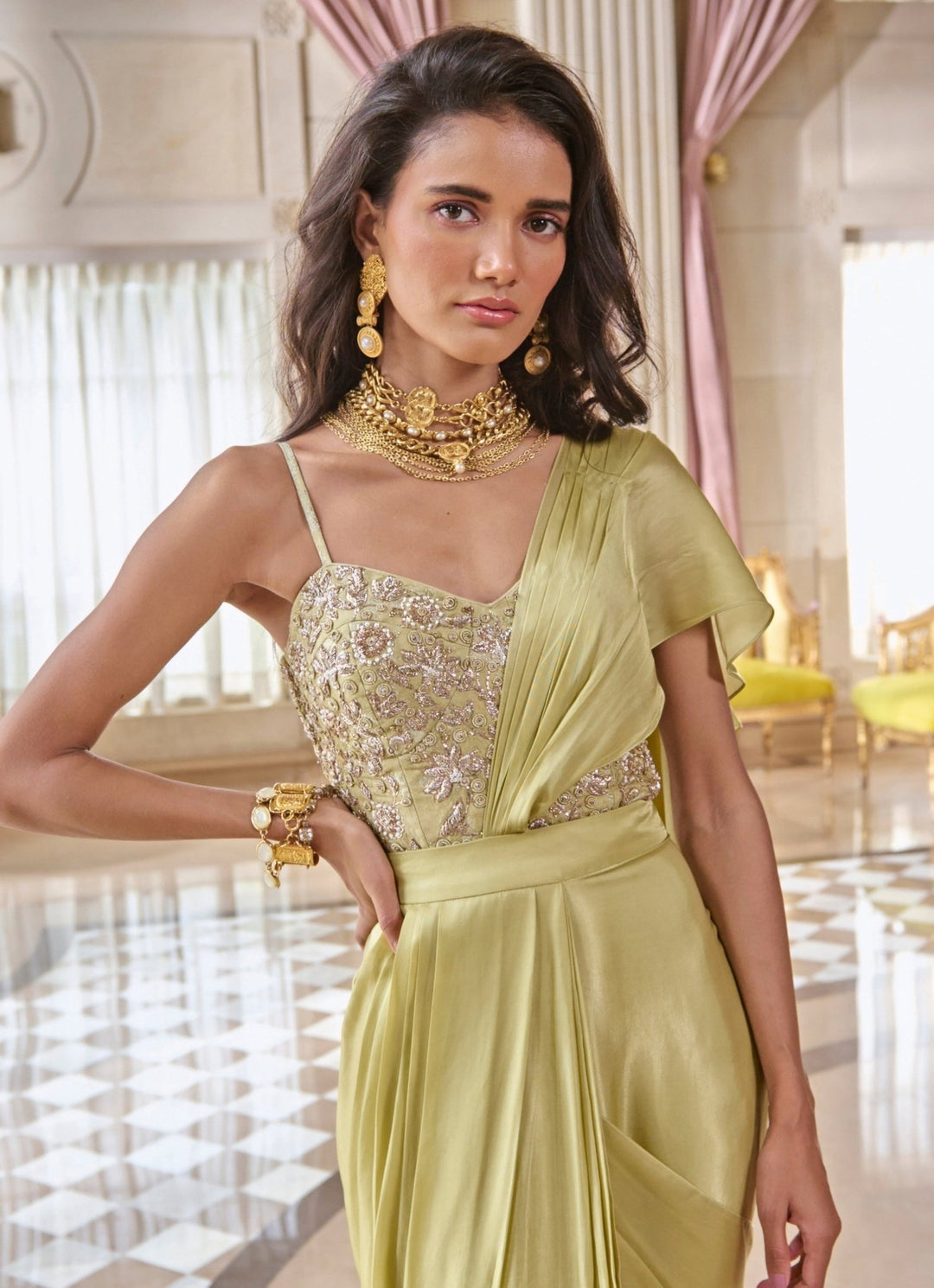 Pista Green Satin Saree With Corset Paulmi and Harsh - Fabilicious Fashion