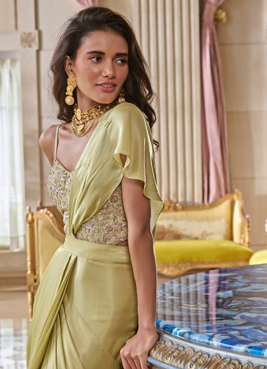 Pista Green Satin Saree With Corset Paulmi and Harsh - Fabilicious Fashion