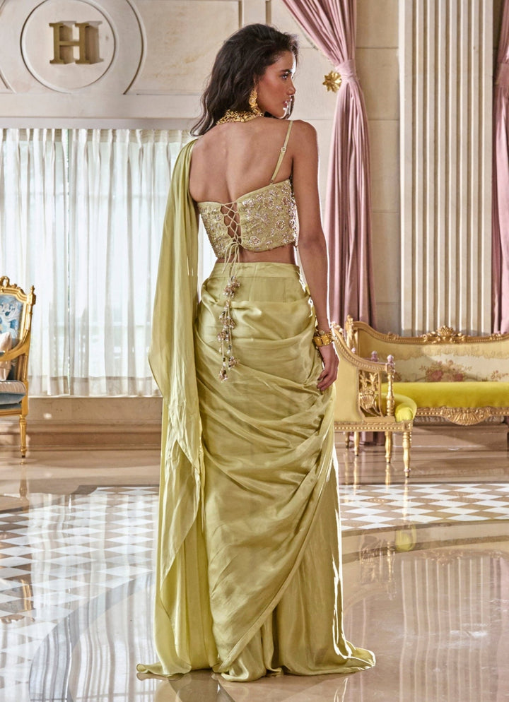 Pista Green Satin Saree With Corset Paulmi and Harsh - Fabilicious Fashion