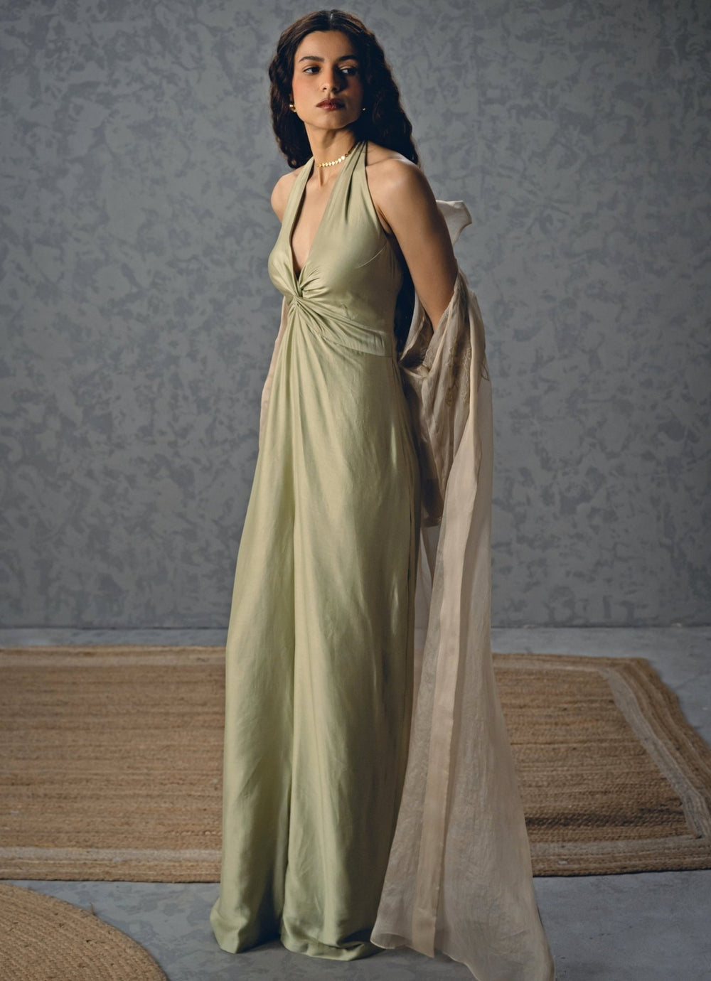Pista Green Silk Halter Neck Jumpsuit Paulmi and Harsh X Ease - Fabilicious Fashion