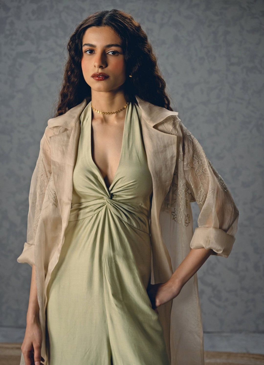 Paulmi and Harsh X Ease Pista Green Silk Halter Neck JumpsuitFabilicious Fashion
