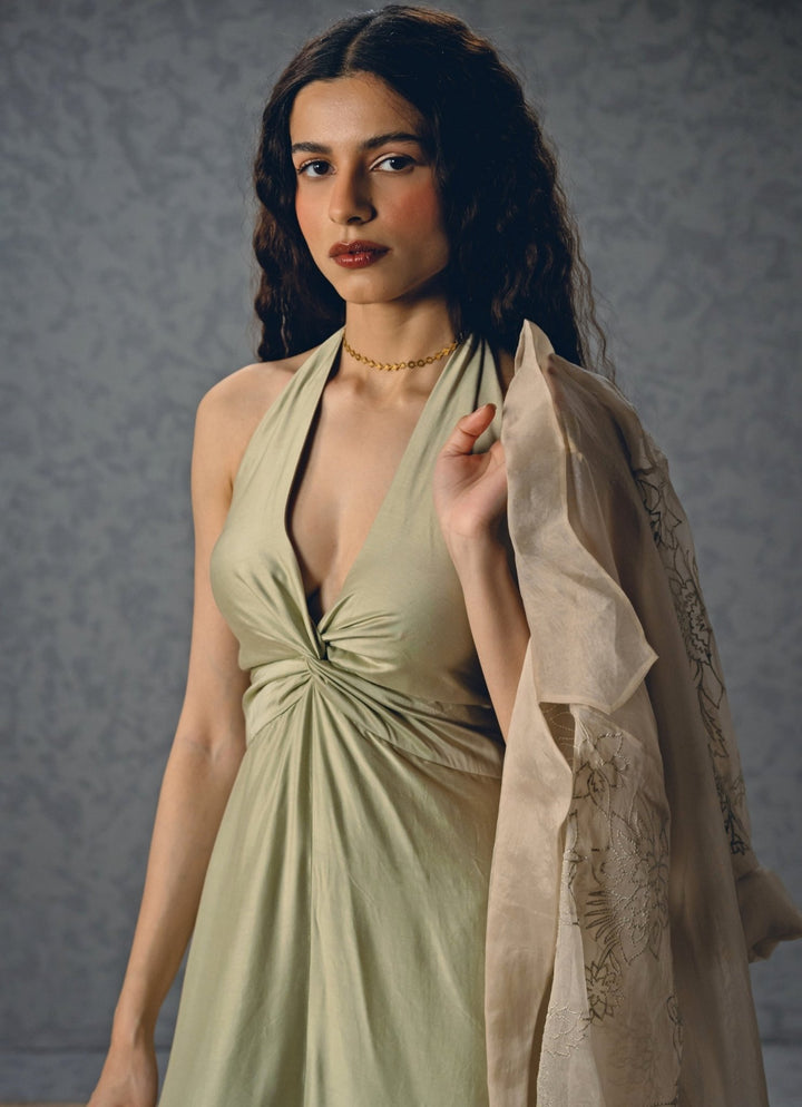 Paulmi and Harsh X Ease Pista Green Silk Halter Neck JumpsuitFabilicious Fashion