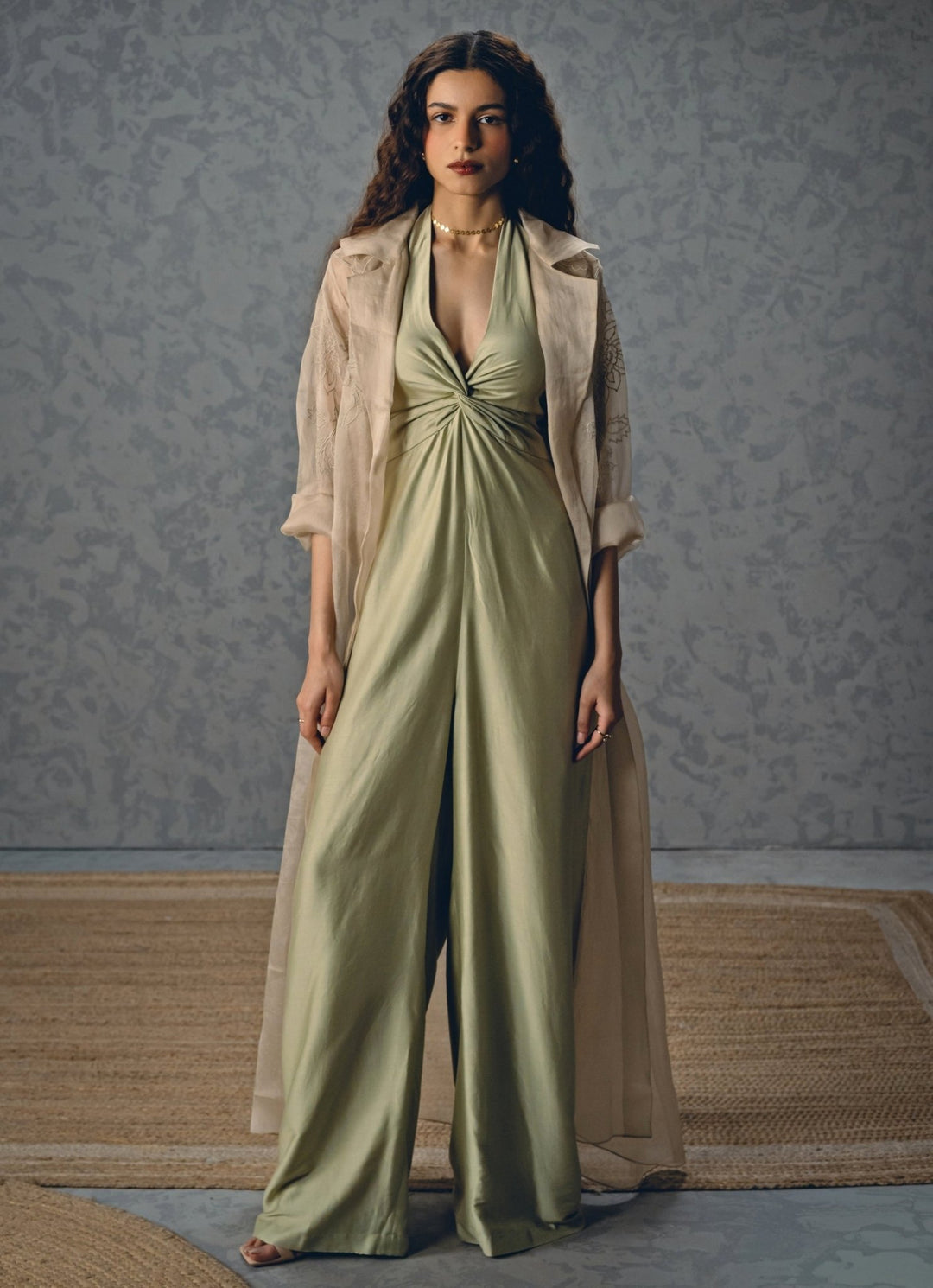 Pista Green Silk Halter Neck Jumpsuit Paulmi and Harsh X Ease - Fabilicious Fashion