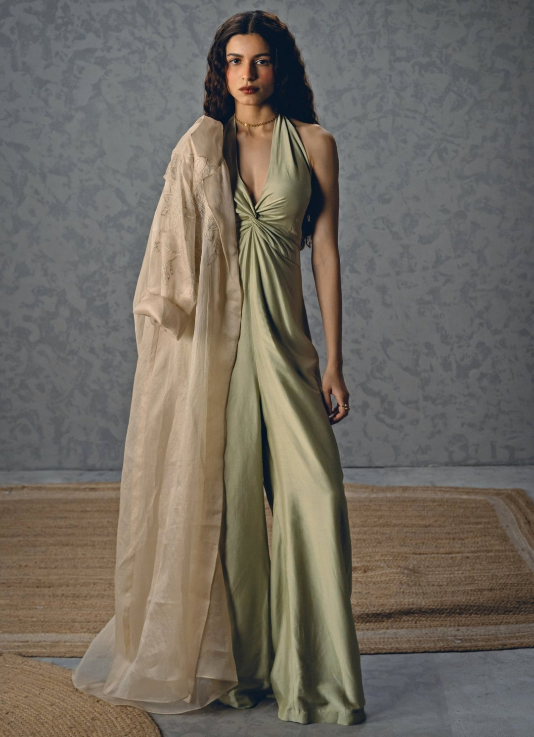 Paulmi and Harsh X Ease Pista Green Silk Halter Neck JumpsuitFabilicious Fashion