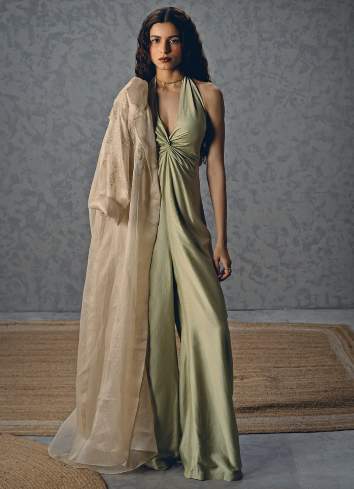 Paulmi and Harsh X Ease Pista Green Silk Halter Neck JumpsuitFabilicious Fashion