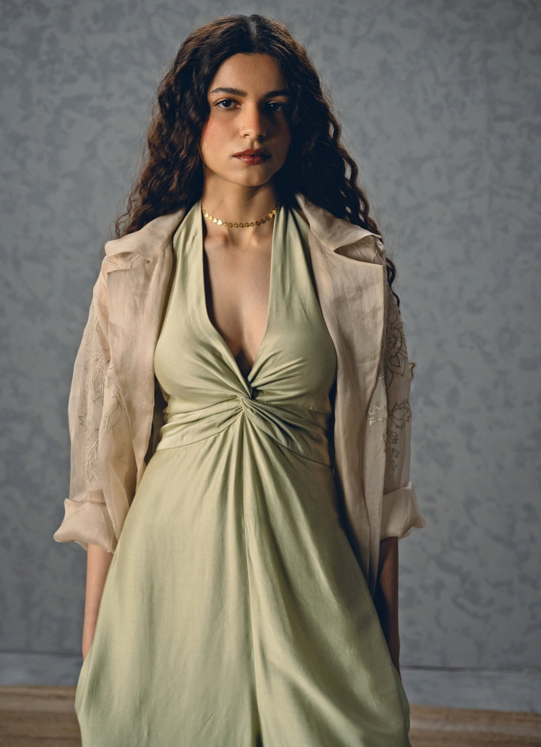 Paulmi and Harsh X Ease Pista Green Silk Halter Neck JumpsuitFabilicious Fashion